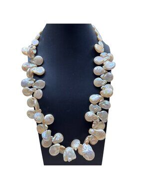 Baroque Freshwater Pearl Necklace Statement Strand Iridescent White Sterling 24"